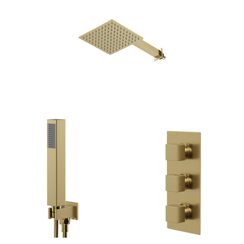 Colore Square Brushed Brass Concealed Triple Thermostatic Shower Valve and 200mm Fixed Head with 345mm Wall Arm and Outlet Holder with Kit - 2 Outlet Right Hand View