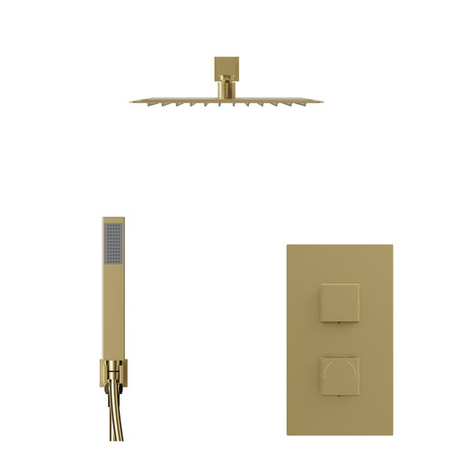 Colore Square Brushed Brass Concealed Triple Thermostatic Shower Valve and 300mm Fixed Head with 345mm Wall Arm and Outlet Holder with Kit - 2 Outlet Front View