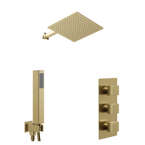 Colore Square Brushed Brass Concealed Triple Thermostatic Shower Valve and 300mm Fixed Head with 345mm Wall Arm and Outlet Holder with Kit - 2 Outlet Left Hand View