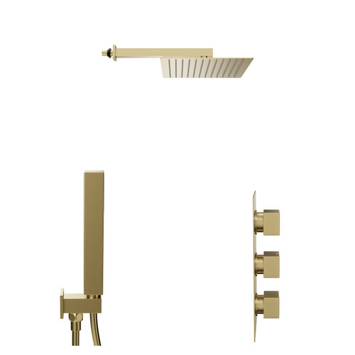Colore Square Brushed Brass Concealed Triple Thermostatic Shower Valve and 300mm Fixed Head with 345mm Wall Arm and Outlet Holder with Kit - 2 Outlet Side View