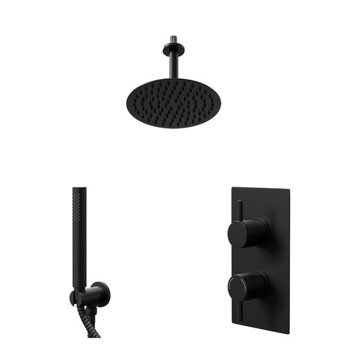 Colore Round Matt Black Concealed Twin Thermostatic Shower Valve with Diverter and 200mm Fixed Head with 150mm Ceiling Arm and Outlet Holder with Kit - 2 Outlet Right Hand View