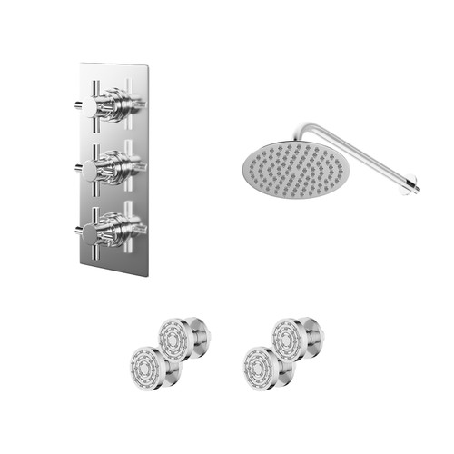 Cross Polished Chrome Concealed Triple Thermostatic Shower Valve and 200mm Round Head with 345mm Wall Arm and 4 Body Jets - 2 Outlet Right Hand View