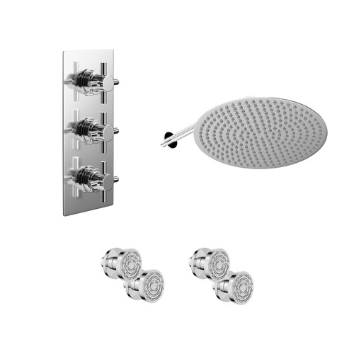 Cross Polished Chrome Concealed Triple Thermostatic Shower Valve and 400mm Round Head with 345mm Wall Arm and 4 Body Jets - 2 Outlet Left Hand View