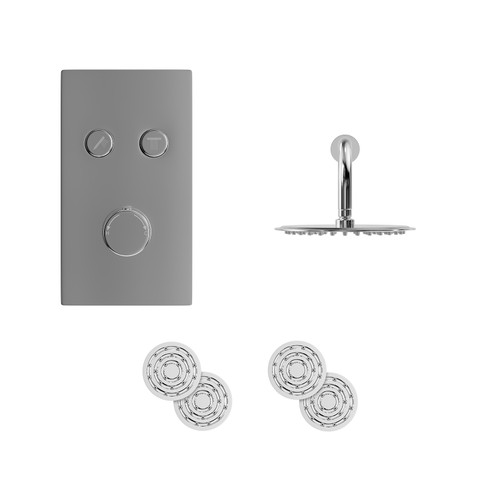 Circo Polished Chrome Push Button Diverter Concealed Thermostatic Shower Valve and 300mm Round Head with 345mm Wall Arm and 4 Body Jets - 2 Outlet Front View