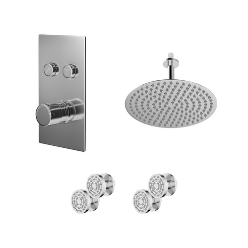 Circo Polished Chrome Push Button Diverter Concealed Thermostatic Shower Valve and 300mm Round Head with 150mm Ceiling Arm and 4 Body Jets - 2 Outlet Right Hand View