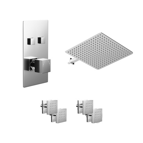 Cubix Polished Chrome Push Button Diverter Concealed Thermostatic Shower Valve and 400mm Square Head with 345mm Wall Arm and 4 Body Jets - 2 Outlet Left Hand View