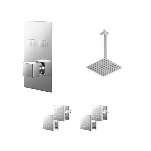 Cubix Polished Chrome Push Button Diverter Concealed Thermostatic Shower Valve and 200mm Square Head with 300mm Ceiling Arm and 4 Body Jets - 2 Outlet Right Hand View