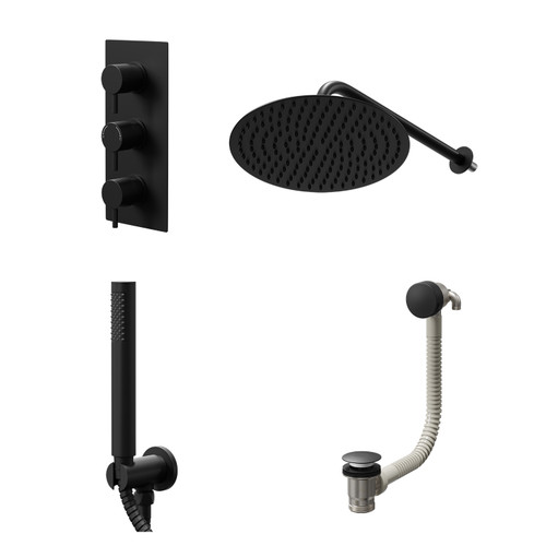 Colore Round Matt Black Concealed Triple Thermostatic Shower Valve with Diverter and 300mm Fixed Head with 345mm Wall Arm and Outlet Holder with Kit and Free-Flow Bath Filler - 3 Outlet Right Hand View