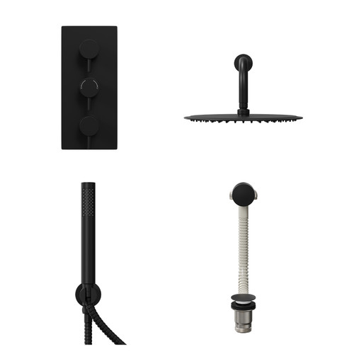 Colore Round Matt Black Concealed Triple Thermostatic Shower Valve with Diverter and 300mm Fixed Head with 345mm Wall Arm and Outlet Holder with Kit and Free-Flow Bath Filler - 3 Outlet Front View