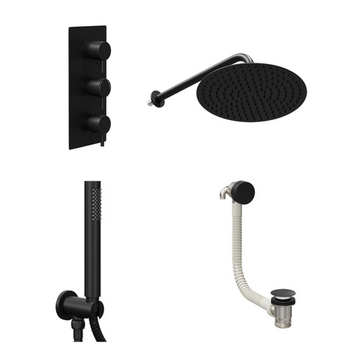 Colore Round Matt Black Concealed Triple Thermostatic Shower Valve with Diverter and 300mm Fixed Head with 345mm Wall Arm and Outlet Holder with Kit and Free-Flow Bath Filler - 3 Outlet Left Hand View