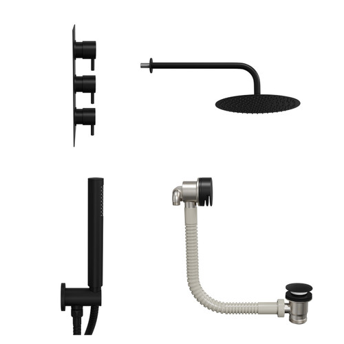 Colore Round Matt Black Concealed Triple Thermostatic Shower Valve with Diverter and 300mm Fixed Head with 345mm Wall Arm and Outlet Holder with Kit and Free-Flow Bath Filler - 3 Outlet Side View