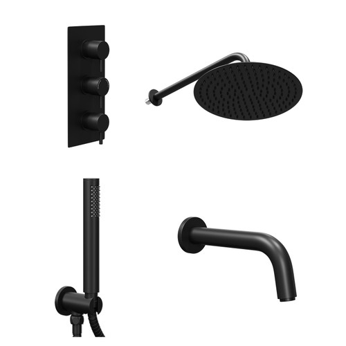 Colore Round Matt Black Concealed Triple Thermostatic Shower Valve with Diverter and 300mm Fixed Head with 345mm Wall Arm and Outlet Holder with Kit and Bath Spout - 3 Outlet Left Hand View