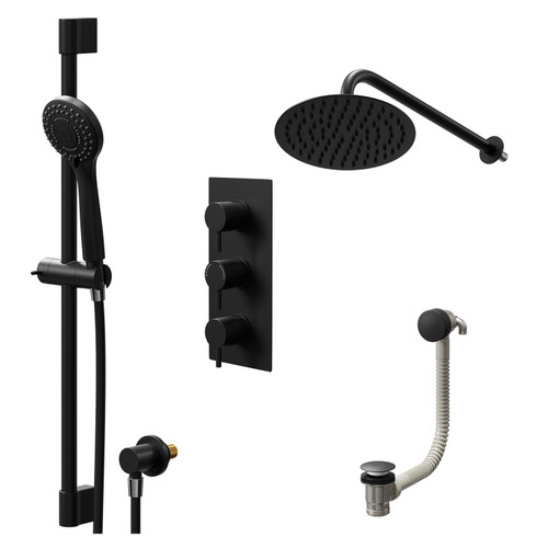 Colore Round Matt Black Concealed Triple Thermostatic Shower Valve with Diverter and 200mm Fixed Head with 345mm Wall Arm and Slide Rail Kit with Free-Flow Bath Filler - 3 Outlet Right Hand View
