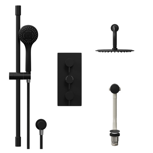 Colore Round Matt Black Concealed Triple Thermostatic Shower Valve with Diverter and 200mm Fixed Head with 345mm Wall Arm and Slide Rail Kit with Free-Flow Bath Filler - 3 Outlet Front View