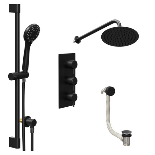 Colore Round Matt Black Concealed Triple Thermostatic Shower Valve with Diverter and 200mm Fixed Head with 345mm Wall Arm and Slide Rail Kit with Free-Flow Bath Filler - 3 Outlet Left Hand View