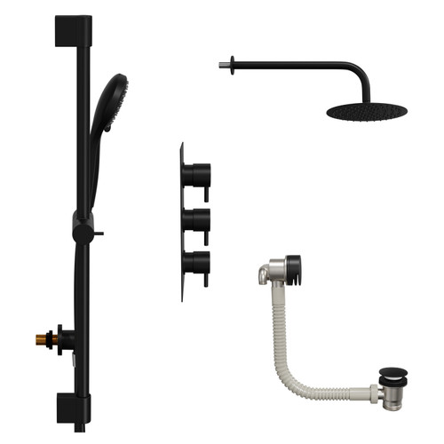 Colore Round Matt Black Concealed Triple Thermostatic Shower Valve with Diverter and 200mm Fixed Head with 345mm Wall Arm and Slide Rail Kit with Free-Flow Bath Filler - 3 Outlet Side View
