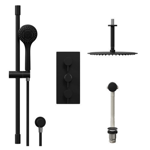 Colore Round Matt Black Concealed Triple Thermostatic Shower Valve with Diverter and 300mm Fixed Head with 150mm Ceiling Arm and Slide Rail Kit and Free-Flow Bath Filler - 3 Outlet Front View