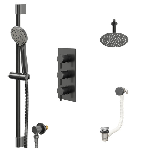 Colore Round Gunmetal Grey Concealed Triple Thermostatic Shower Valve with Diverter and 200mm Fixed Head with 150mm Ceiling Arm and Slide Rail Kit with Free-Flow Bath Filler - 3 Outlet Right Hand View