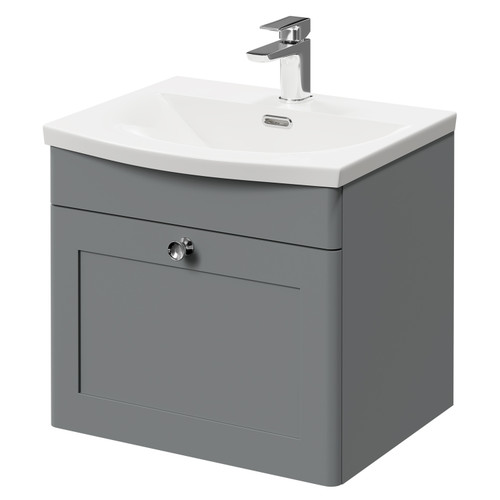 Danbury Satin Grey 500mm Wall Mounted Vanity Unit with 1 Tap Hole Curved Basin and Single Drawer with Polished Chrome Handle Right Hand View