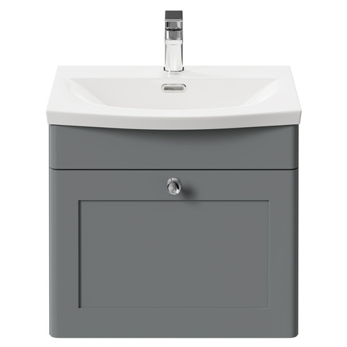 Danbury Satin Grey 500mm Wall Mounted Vanity Unit with 1 Tap Hole Curved Basin and Single Drawer with Polished Chrome Handle Front View