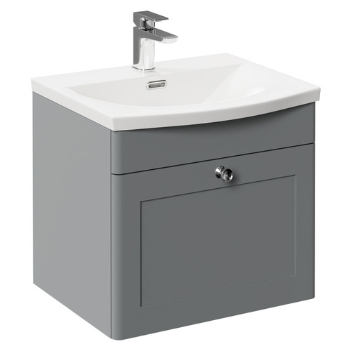 Danbury Satin Grey 500mm Wall Mounted Vanity Unit with 1 Tap Hole Curved Basin and Single Drawer with Polished Chrome Handle Left Hand View