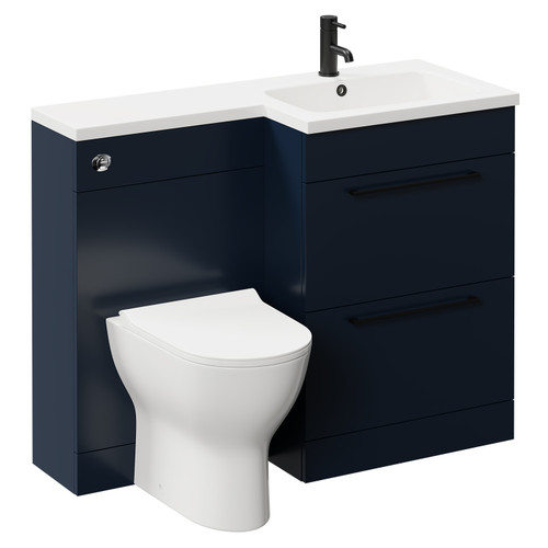 Napoli Combination Deep Blue 1100mm Vanity Unit Toilet Suite with Right Hand L Shaped 1 Tap Hole Round Basin and 2 Drawers with Matt Black Handles Left Hand View