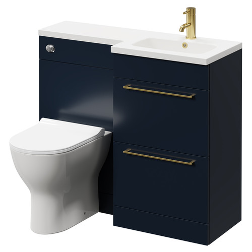 Napoli Combination Deep Blue 1000mm Vanity Unit Toilet Suite with Right Hand L Shaped 1 Tap Hole Round Basin and 2 Drawers with Brushed Brass Handles Right Hand View