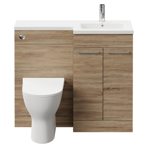 Napoli Combination Bordalino Oak 1000mm Vanity Unit Toilet Suite with Right Hand L Shaped 1 Tap Hole Round Basin and 2 Doors with Polished Chrome Handles Front View