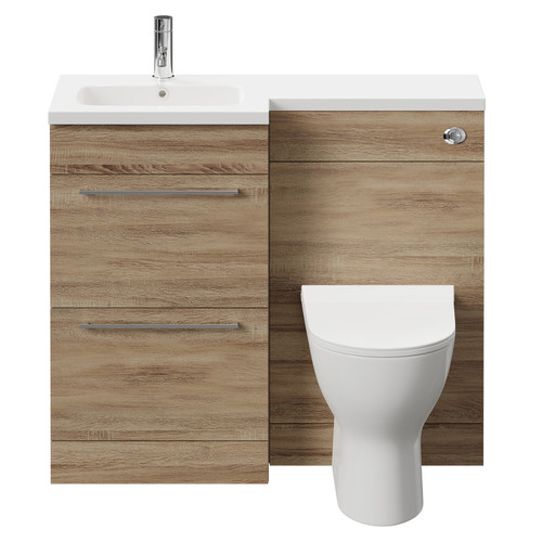 Napoli Combination Bordalino Oak 1000mm Vanity Unit Toilet Suite with Left Hand L Shaped 1 Tap Hole Round Basin and 2 Drawers with Polished Chrome Handles Front View