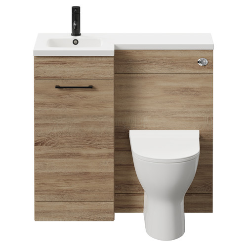 Napoli Combination Bordalino Oak 900mm Vanity Unit Toilet Suite with Left Hand L Shaped 1 Tap Hole Round Basin and Single Door with Matt Black Handle Front View