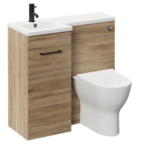 Napoli Combination Bordalino Oak 900mm Vanity Unit Toilet Suite with Left Hand L Shaped 1 Tap Hole Round Basin and Single Door with Matt Black Handle Left Hand View