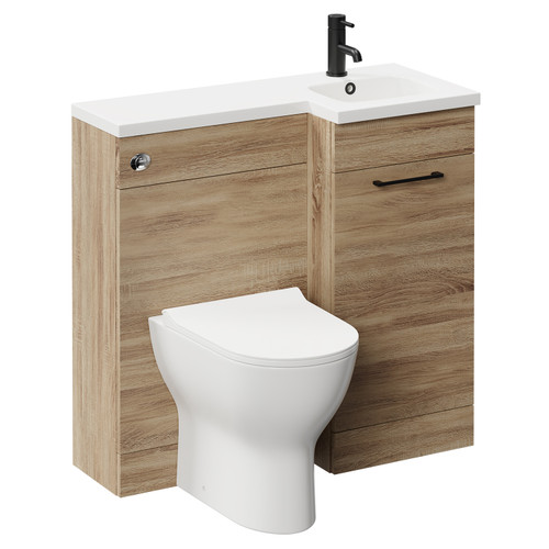 Napoli Combination Bordalino Oak 900mm Vanity Unit Toilet Suite with Right Hand L Shaped 1 Tap Hole Round Basin and Single Door with Matt Black Handle Left Hand View