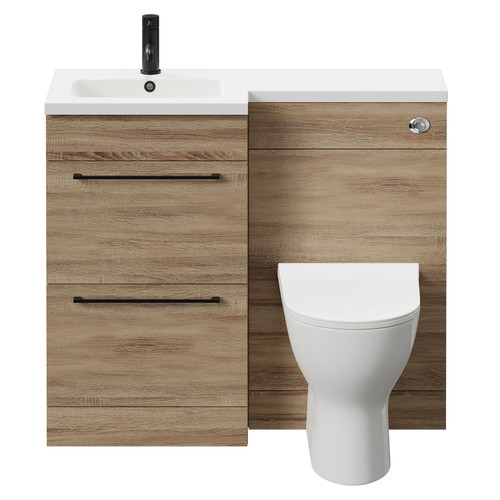 Napoli Combination Bordalino Oak 1000mm Vanity Unit Toilet Suite with Left Hand L Shaped 1 Tap Hole Round Basin and 2 Drawers with Matt Black Handles Front View