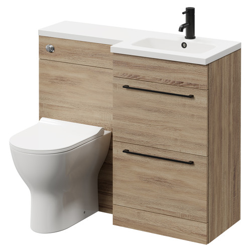 Napoli Combination Bordalino Oak 1000mm Vanity Unit Toilet Suite with Right Hand L Shaped 1 Tap Hole Round Basin and 2 Drawers with Matt Black Handles Right Hand View