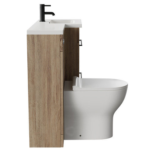 Napoli Combination Bordalino Oak 1000mm Vanity Unit Toilet Suite with Right Hand L Shaped 1 Tap Hole Round Basin and 2 Drawers with Matt Black Handles Side View