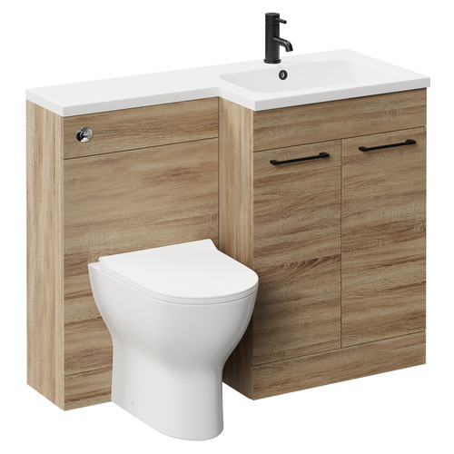 Napoli Combination Bordalino Oak 1100mm Vanity Unit Toilet Suite with Right Hand L Shaped 1 Tap Hole Round Basin and 2 Doors with Matt Black Handles Left Hand View
