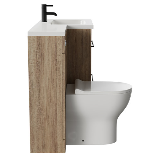 Napoli Combination Bordalino Oak 1100mm Vanity Unit Toilet Suite with Right Hand L Shaped 1 Tap Hole Round Basin and 2 Drawers with Matt Black Handles Side View