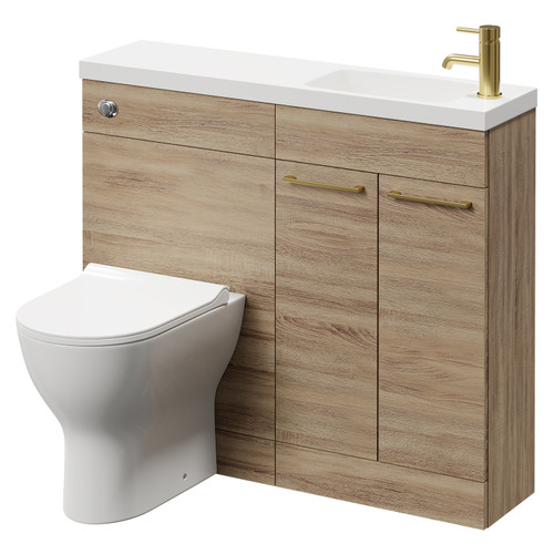Napoli Combination Bordalino Oak 1000mm Vanity Unit Toilet Suite with Slimline 1 Tap Hole Round Basin and 2 Doors with Brushed Brass Handles Right Hand View