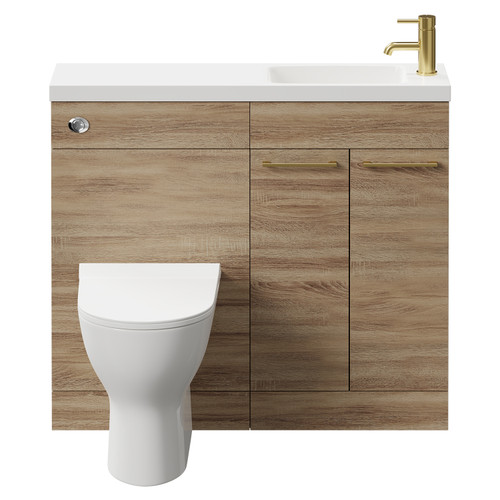 Napoli Combination Bordalino Oak 1000mm Vanity Unit Toilet Suite with Slimline 1 Tap Hole Round Basin and 2 Doors with Brushed Brass Handles Front View