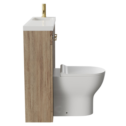 Napoli Combination Bordalino Oak 1000mm Vanity Unit Toilet Suite with Slimline 1 Tap Hole Round Basin and 2 Doors with Brushed Brass Handles Side View