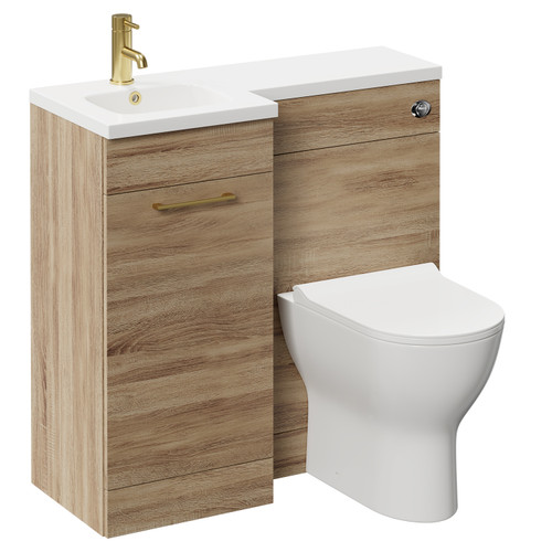 Napoli Combination Bordalino Oak 900mm Vanity Unit Toilet Suite with Left Hand L Shaped 1 Tap Hole Round Basin and Single Door with Brushed Brass Handle Left Hand View
