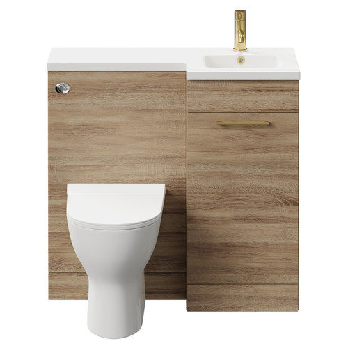 Napoli Combination Bordalino Oak 900mm Vanity Unit Toilet Suite with Right Hand L Shaped 1 Tap Hole Round Basin and Single Door with Brushed Brass Handle Front View