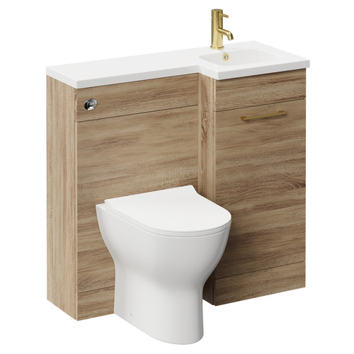 Napoli Combination Bordalino Oak 900mm Vanity Unit Toilet Suite with Right Hand L Shaped 1 Tap Hole Round Basin and Single Door with Brushed Brass Handle Left Hand View