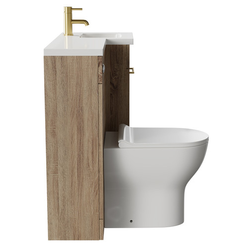 Napoli Combination Bordalino Oak 900mm Vanity Unit Toilet Suite with Right Hand L Shaped 1 Tap Hole Round Basin and Single Door with Brushed Brass Handle Side View