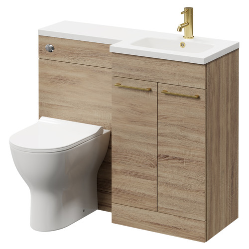 Napoli Combination Bordalino Oak 1000mm Vanity Unit Toilet Suite with Right Hand L Shaped 1 Tap Hole Round Basin and 2 Doors with Brushed Brass Handles Right Hand View
