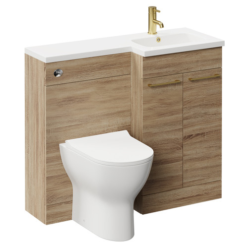 Napoli Combination Bordalino Oak 1000mm Vanity Unit Toilet Suite with Right Hand L Shaped 1 Tap Hole Round Basin and 2 Doors with Brushed Brass Handles Left Hand View