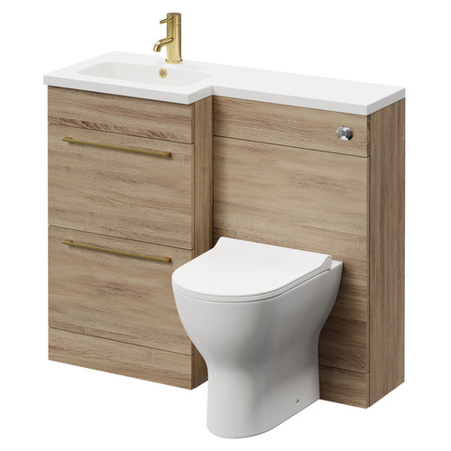 Napoli Combination Bordalino Oak 1000mm Vanity Unit Toilet Suite with Left Hand L Shaped 1 Tap Hole Round Basin and 2 Drawers with Brushed Brass Handles Right Hand View