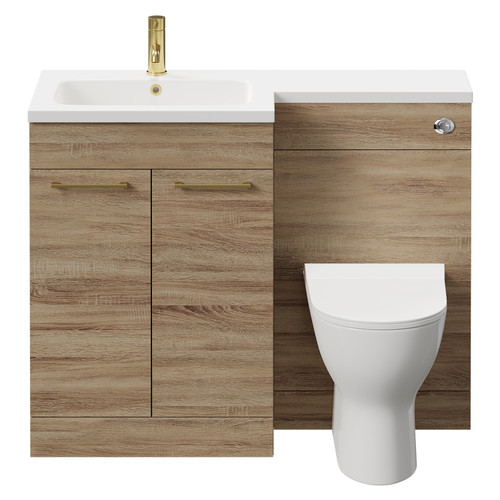 Napoli Combination Bordalino Oak 1100mm Vanity Unit Toilet Suite with Left Hand L Shaped 1 Tap Hole Round Basin and 2 Doors with Brushed Brass Handles Front View