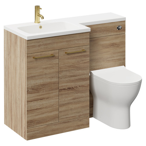 Napoli Combination Bordalino Oak 1100mm Vanity Unit Toilet Suite with Left Hand L Shaped 1 Tap Hole Round Basin and 2 Doors with Brushed Brass Handles Left Hand View