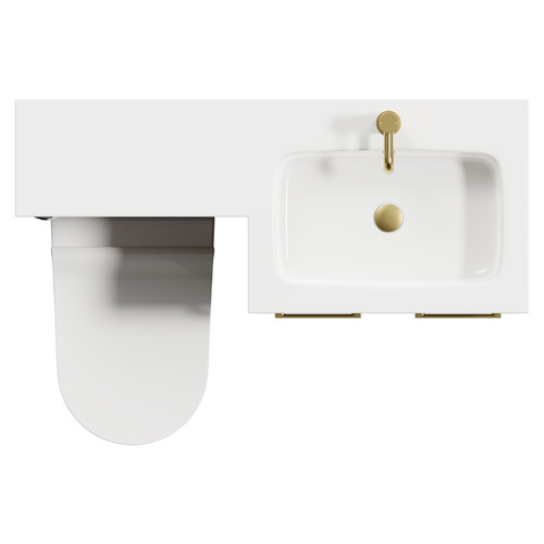 Napoli Combination Bordalino Oak 1100mm Vanity Unit Toilet Suite with Right Hand L Shaped 1 Tap Hole Round Basin and 2 Doors with Brushed Brass Handles Top View